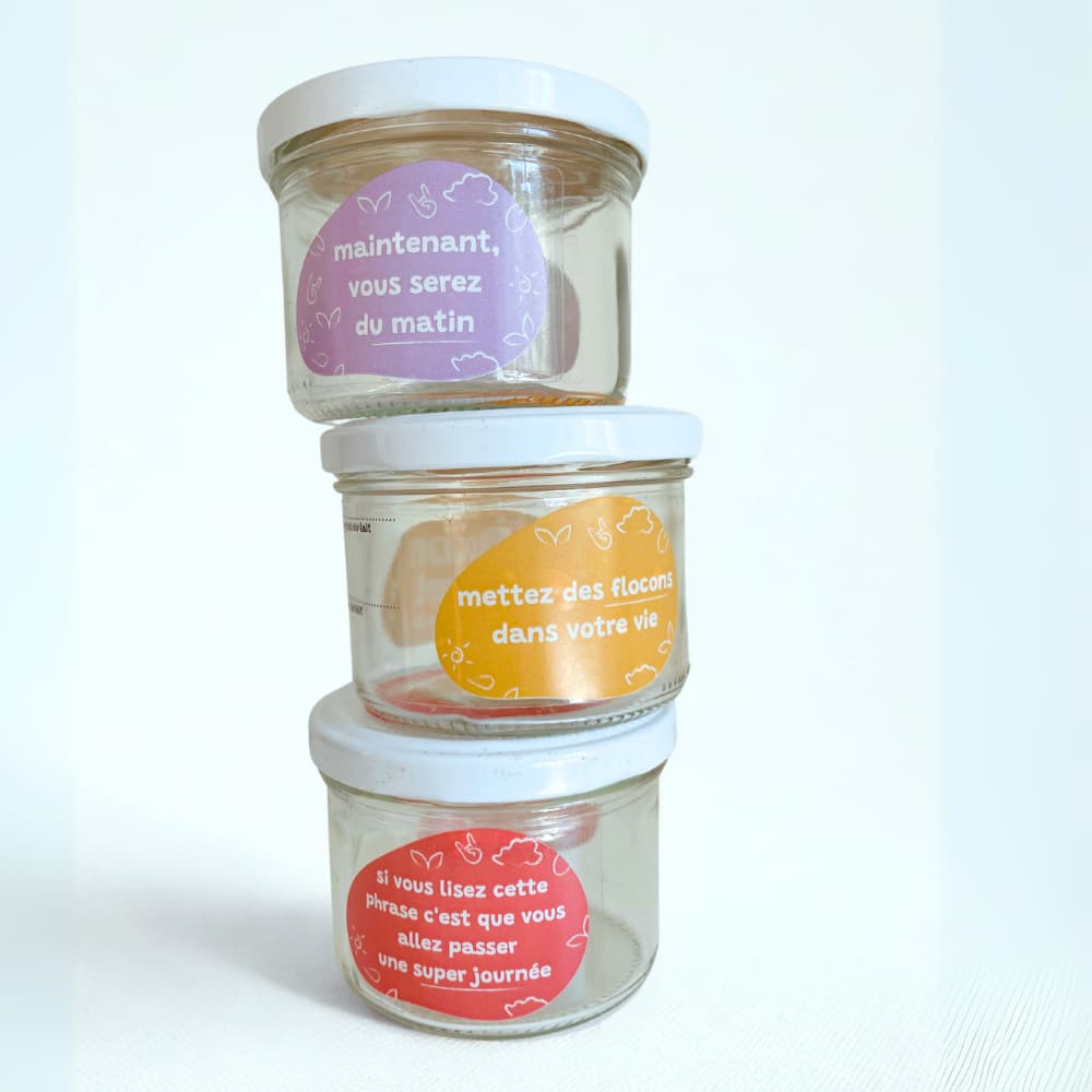 Bocaux Flocon Rebel en verre réutilisables pour une préparation facile d overnight oat porridge avec des petites phrases sympa sur le dos