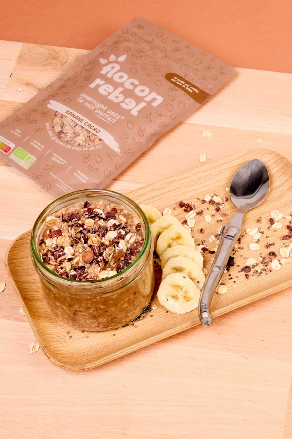 overnight oats Flocon Rebel banane cacao overnight porridge petit déjeuner sain healthy protéiné sans sucres facile à préparer