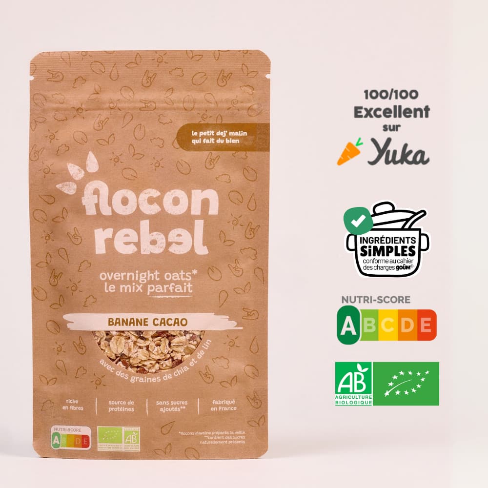 overnight oats Flocon Rebel banane cacao bio nutriscore A excellent sur Yuka et conforme au cahier des charges Goûm utilise des ingrédients simples