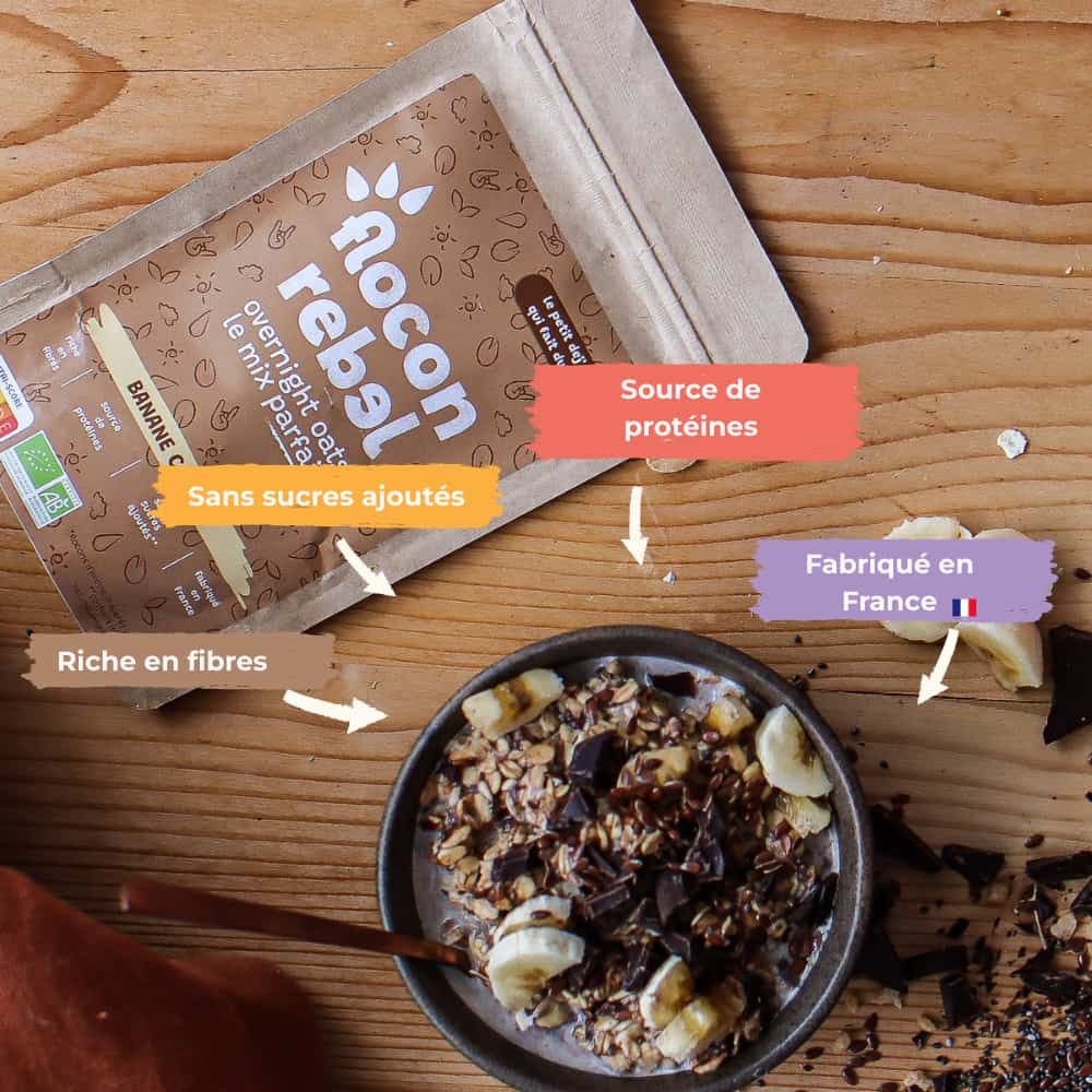 overnight porridge Flocon Rebel Banane Cacao benefices nutritionnels pour la santé de ce petit déjeuner rapide et sain