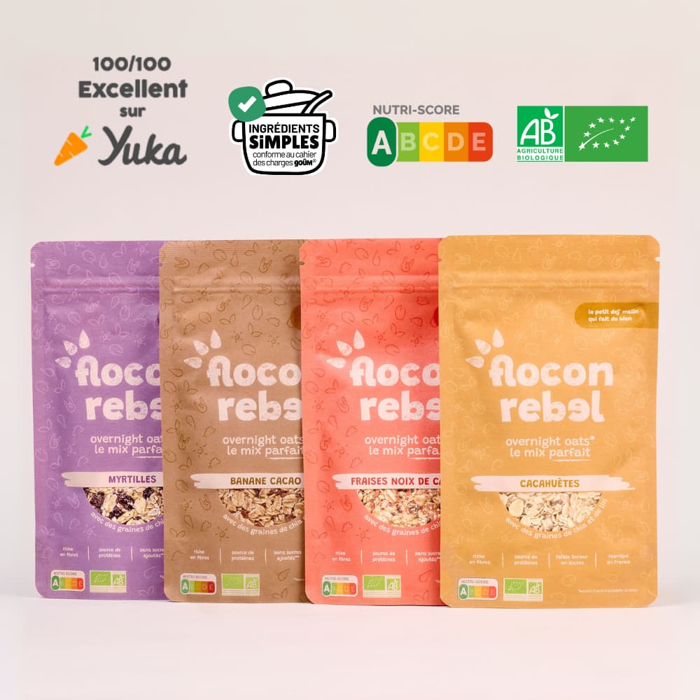 gamme overnight oats Flocon Rebel bio nutriscore A excellent sur Yuka et conforme au cahier des charges Goûm utilise des ingrédients simples