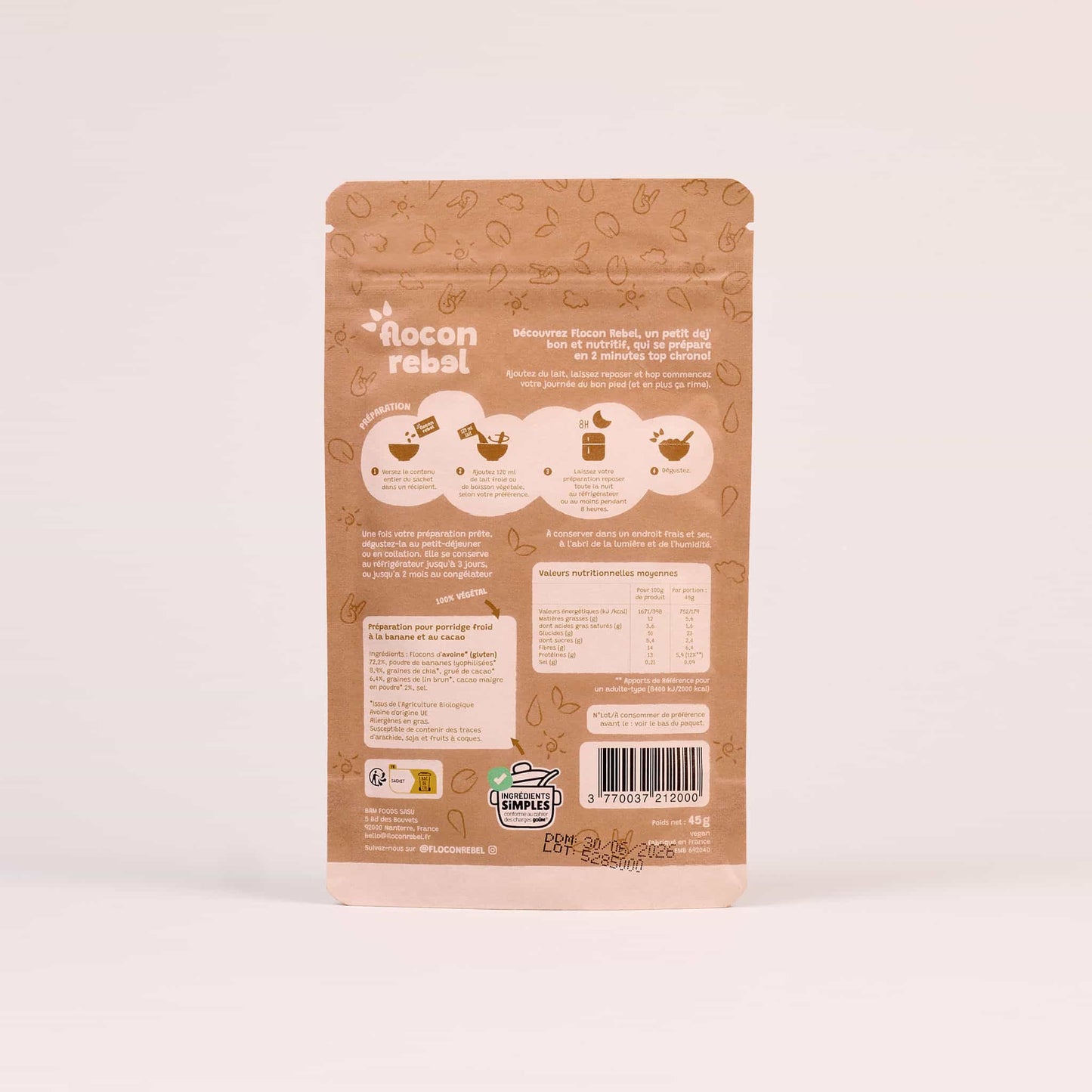 Sachet Flocon Rebel Banane Cacao derriere du packaging