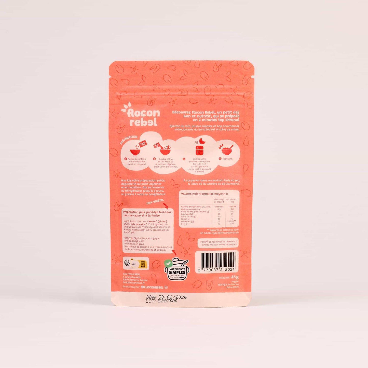 Sachet Flocon Rebel Fraises Noix de Cajou derriere du packaging