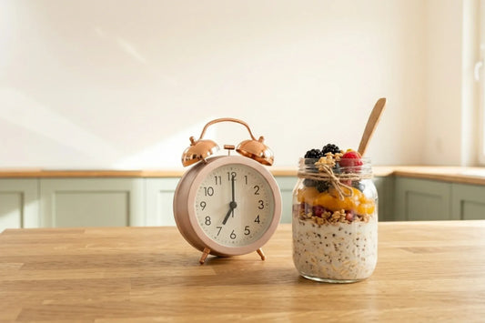 réveil et petit déjeuner sur la table