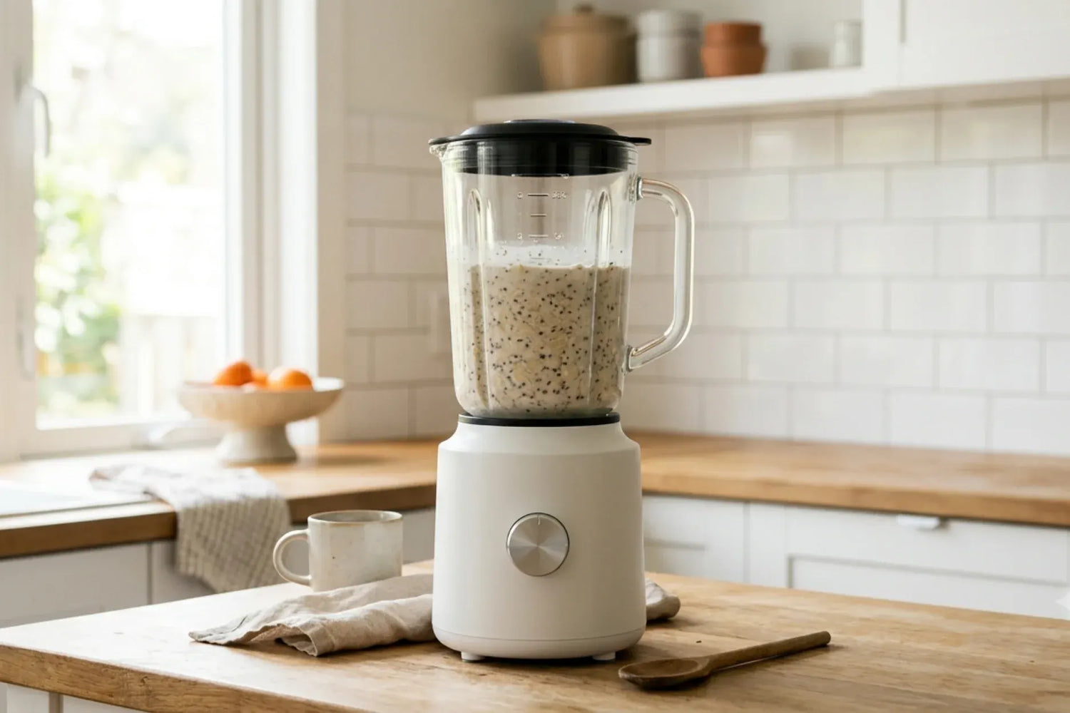 Overnight oats dans un mixeur dans une cuisine