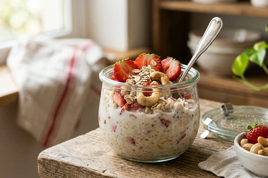 Pot de overnight oats fraises cajou, posé sur une table de cuisine