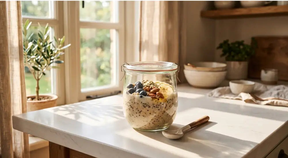 bol d'overight oats dans une cuisine le matin