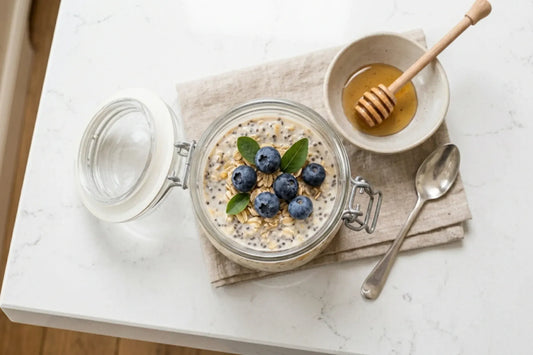 overnight oats avec myrtilles et miel vu de haut