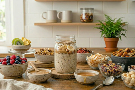 overnight oats posé sur une table au milieu de plein de toppings différents