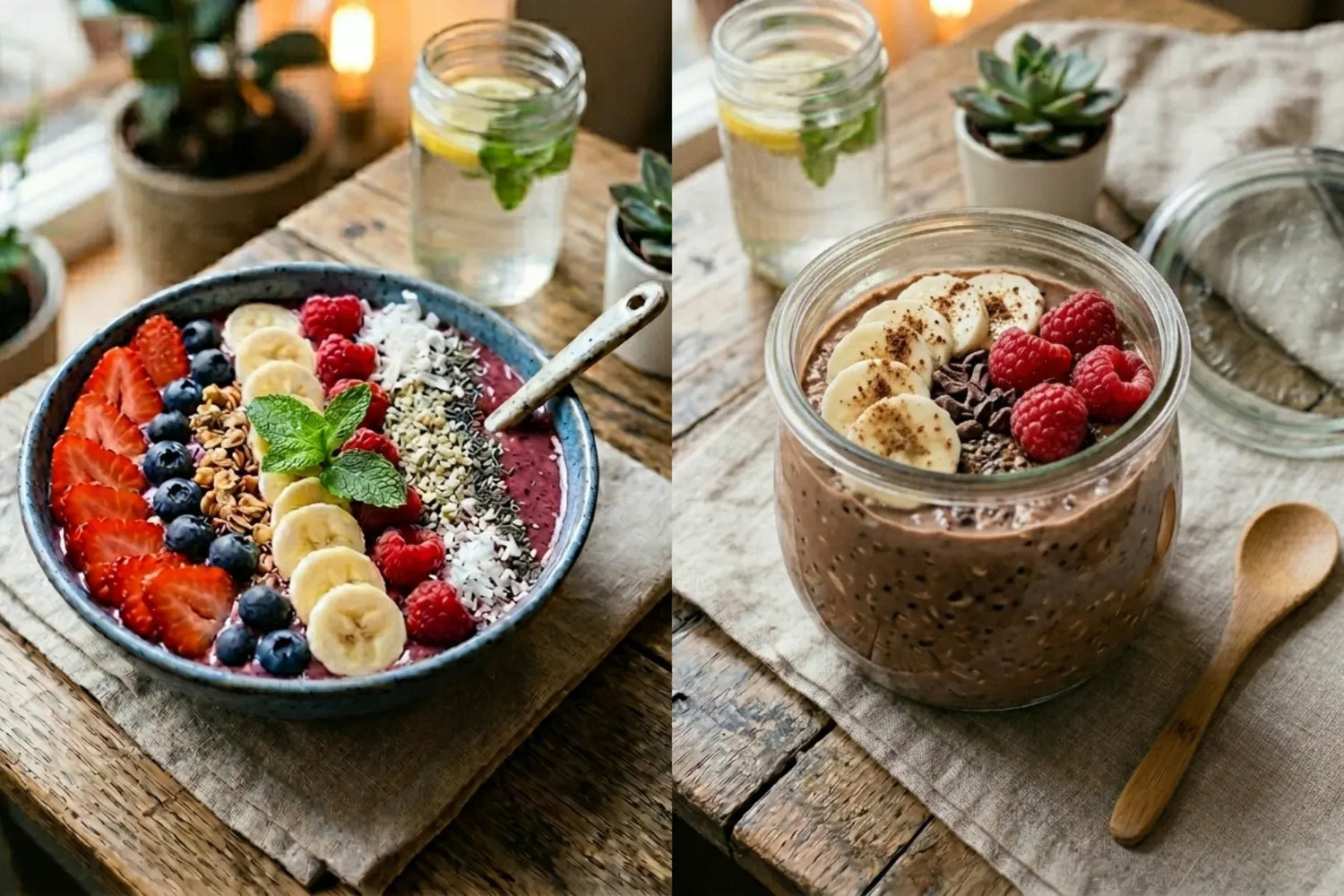 overnight oats à droite et smoothie bowl à gauche