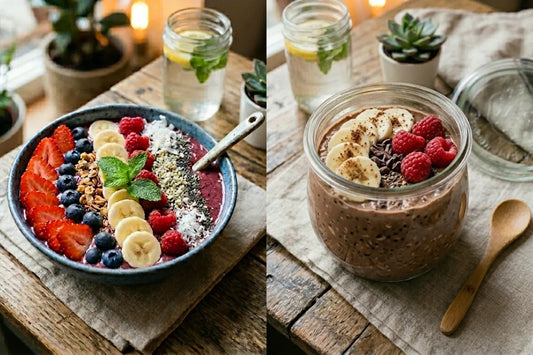 overnight oats à droite et smoothie bowl à gauche