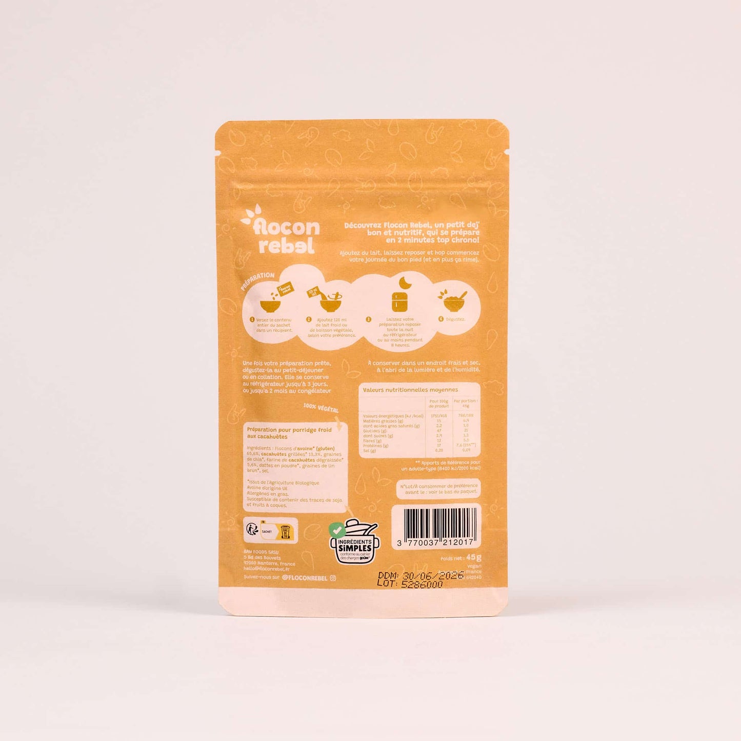 Sachet Flocon Rebel Cacahuètes derriere du packaging