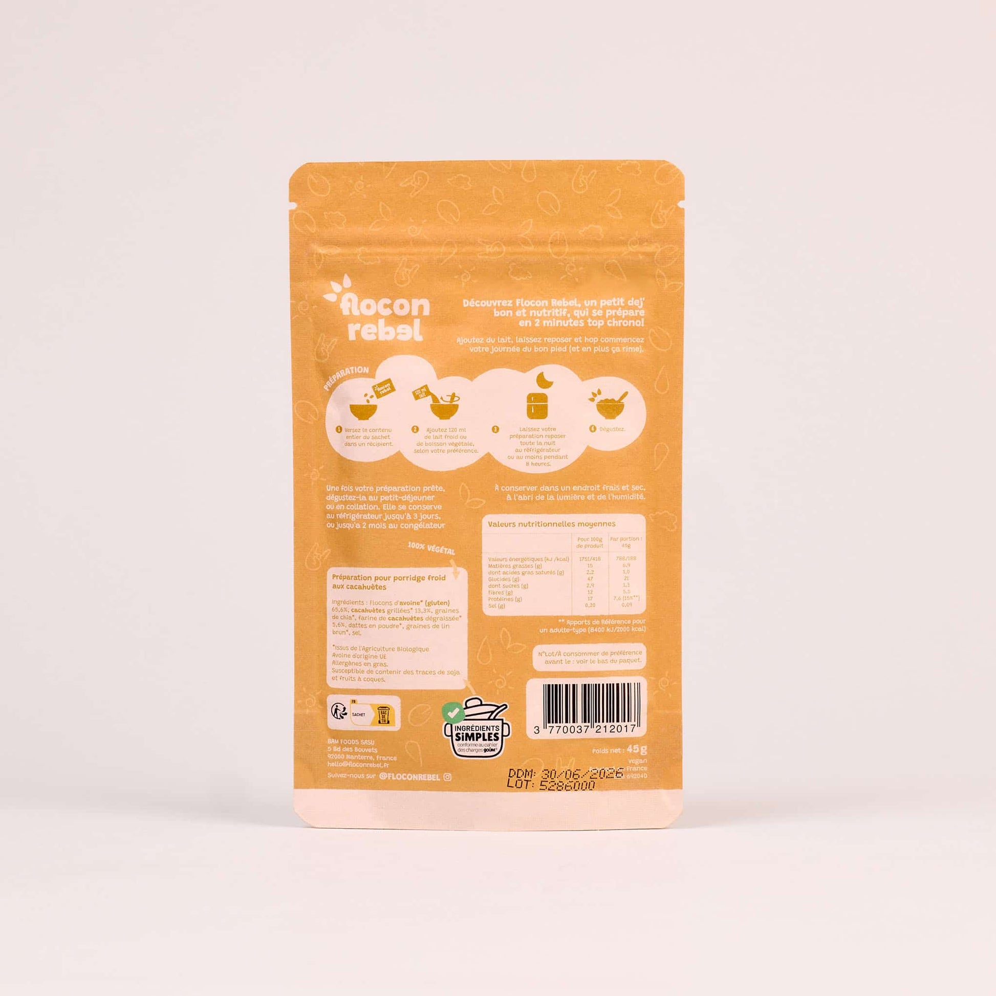 Sachet Flocon Rebel Cacahuètes derriere du packaging