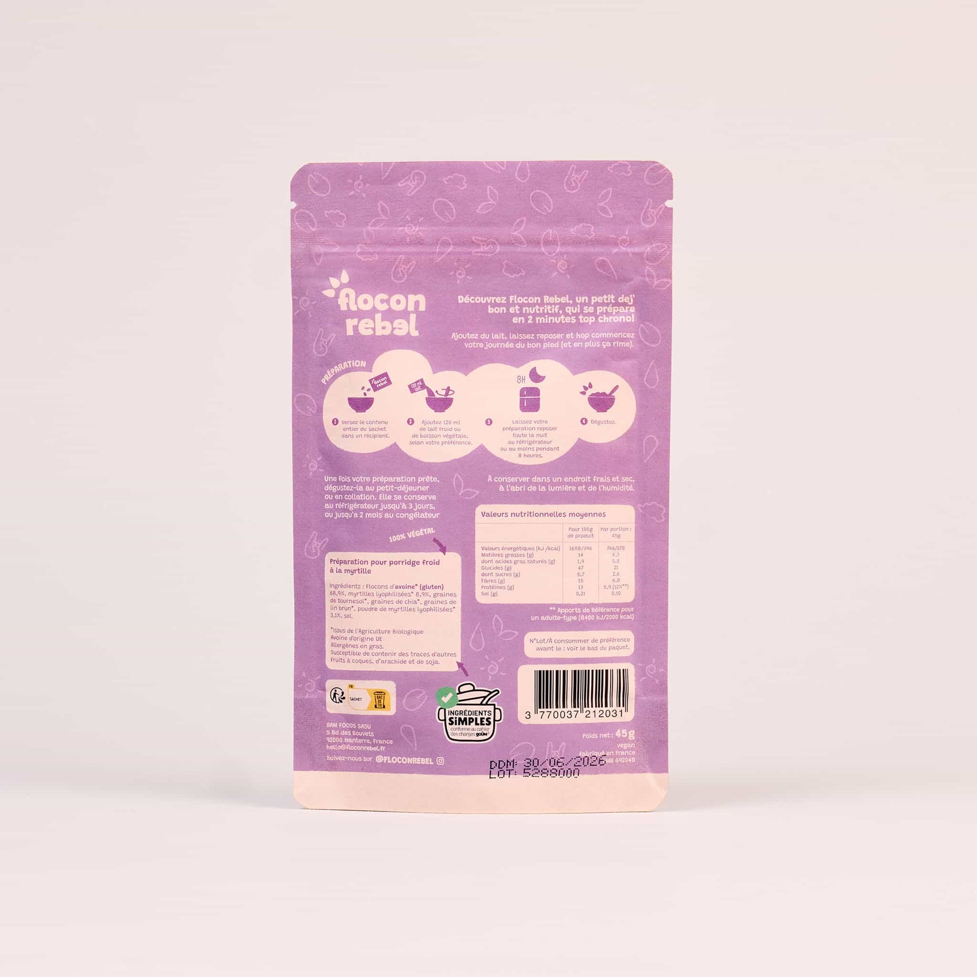 Sachet Flocon Rebel Myrtilles derriere du packaging